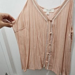 Becool Peachy Pink Sriped Crochet Spaghetti Strap Top
